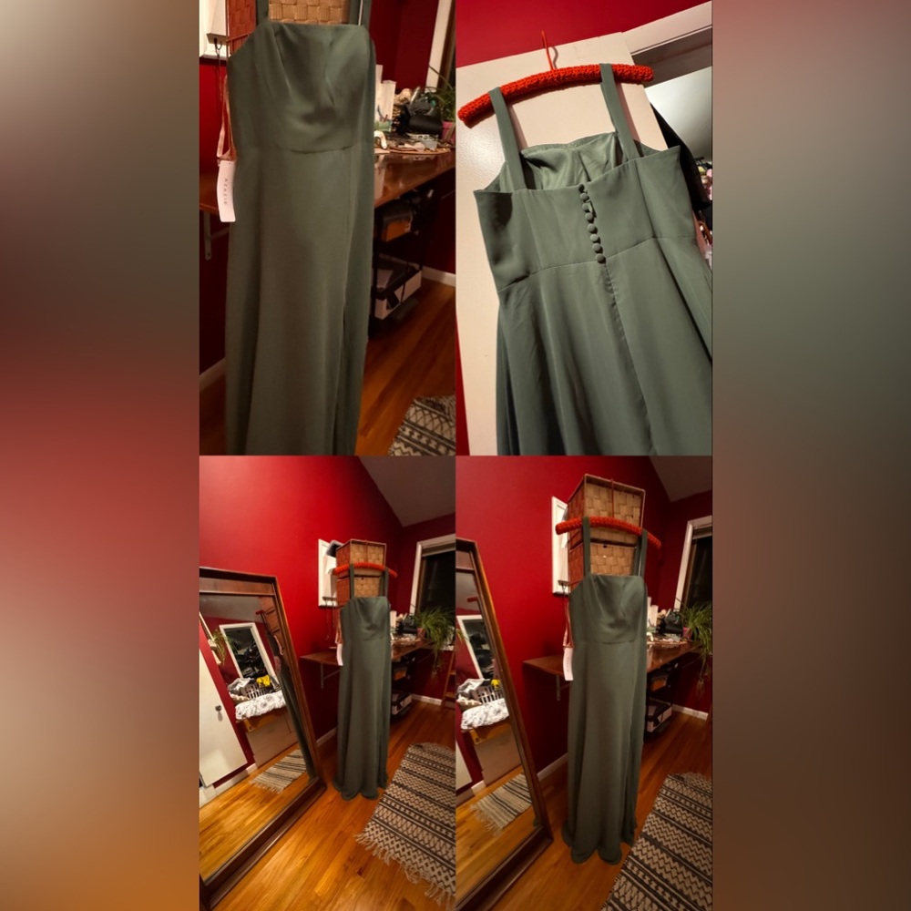 straight neckline a ruched body, shoulder straps,  bow tie back, and a leg slit
